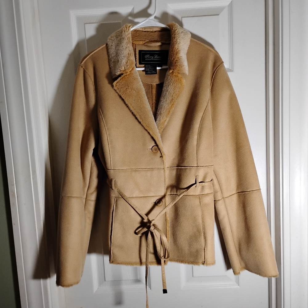 Faux Suede/Fur Jacket Button Up Waist Belt Camel Terry Lewis